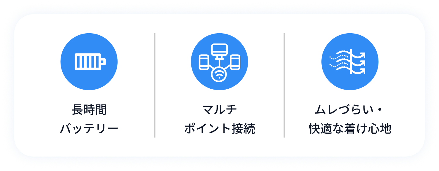 長時間バッテリー
マルチポイント接続
ムレづらい・快適なつけ心地