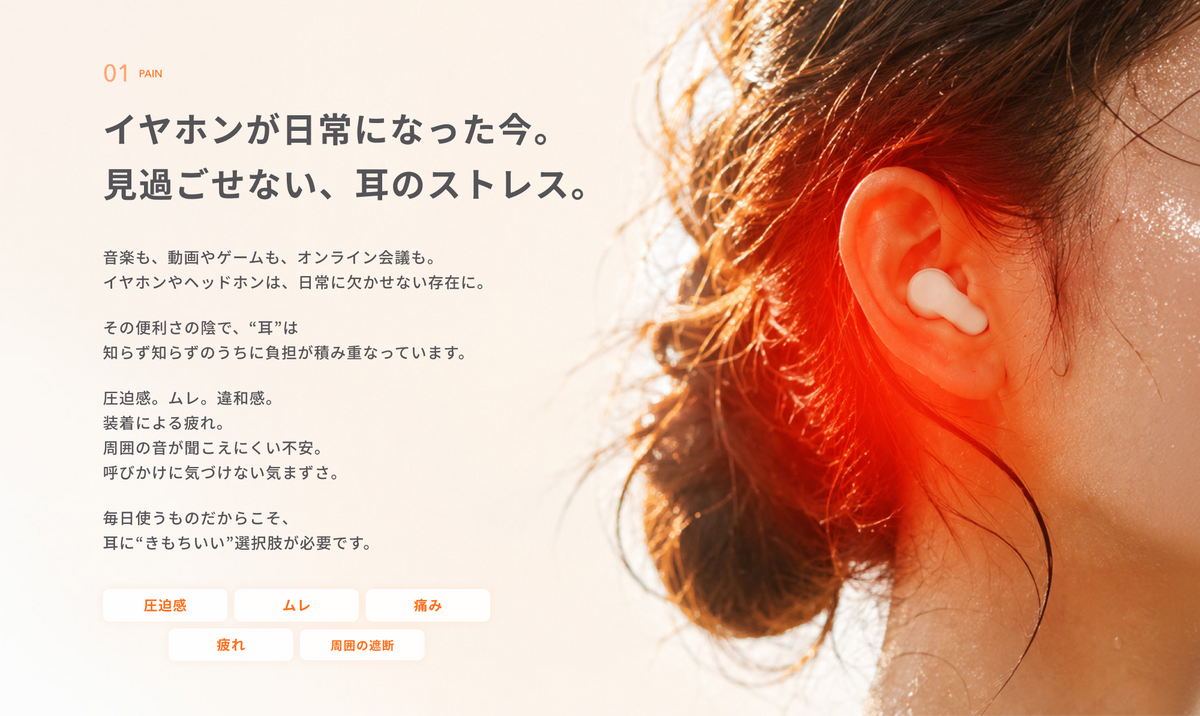 イヤホンが日常になった今。
見過ごせない、耳のストレス。
音楽も、動画やゲームも、オンライン会議も。
イヤホンやヘッドホンは、日常に欠かせない存在に。
その便利さの陰で、“耳”は知らず知らずのうちに負担が積み重なっています。
圧迫感。ムレ。違和感。
装着による疲れ。
周囲の音が聞こえにくい不安。
呼びかけに気づけない気まずさ。
毎日使うものだからこそ、
耳に“きもちいい”選択肢が必要です。